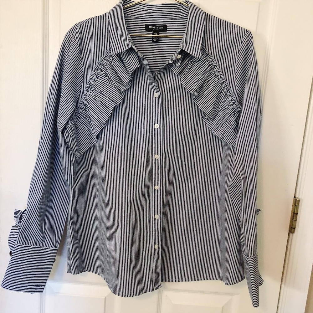 Kenneth Cole Ruffle Blue Striped Button Down Shirt